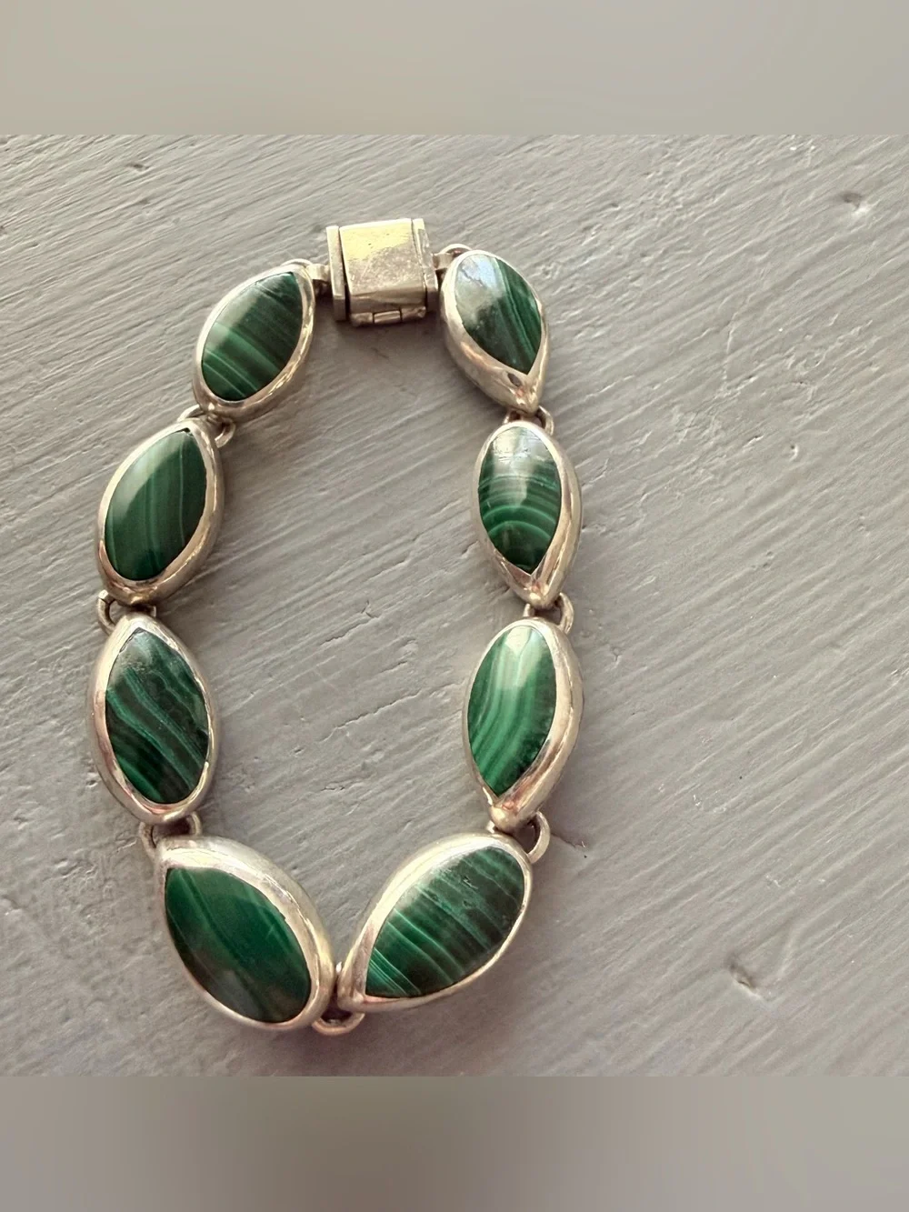 Taxco Mexico Malachite Stone Sterling Silver Chunky Bracelet